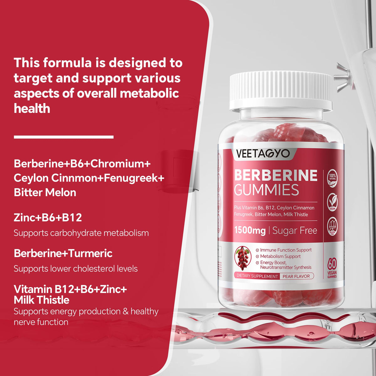 Gummies de berbérine VEETAGYO 1500mg, ouverte avec gummies visibles