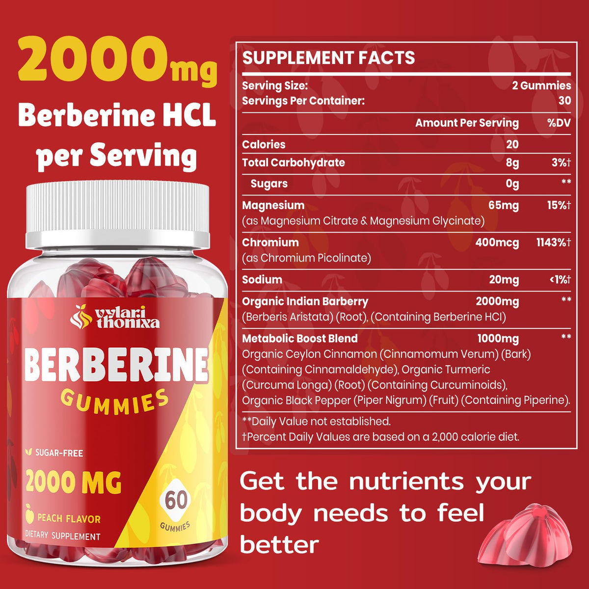 Gummies de Berbérine Vylarithonixa sur une table avec des fruits