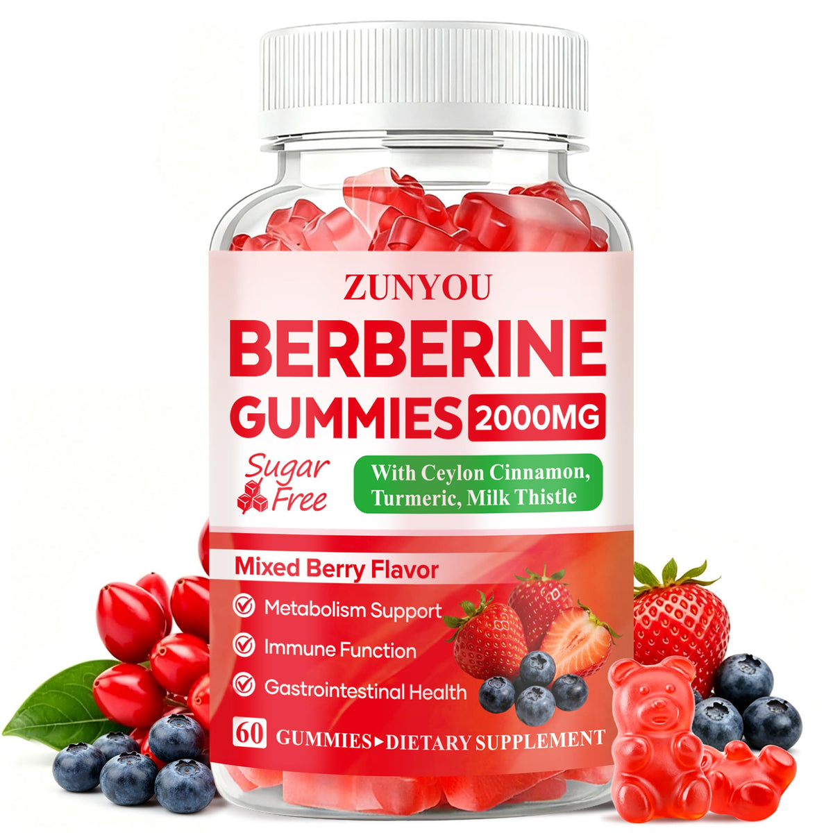 Gummies de Berbérine ZUNYOU 2000mg avec Cannelle de Ceylan, vue de face