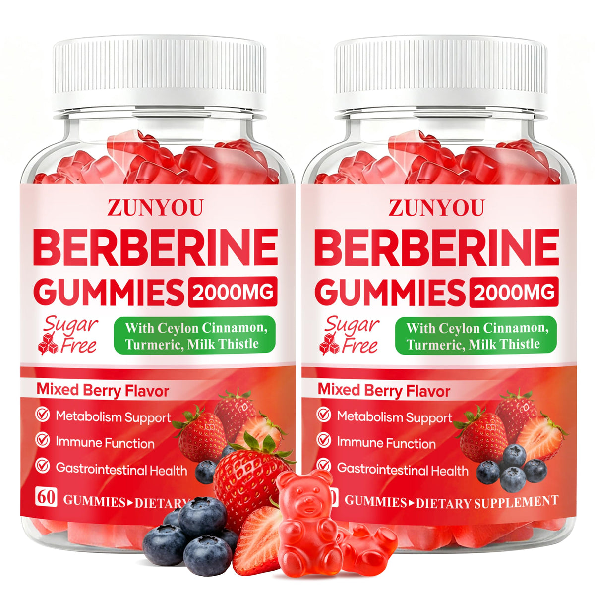 Gummies de berbérine ZUNYOU 2000mg avec cannelle de Ceylan, vue de face