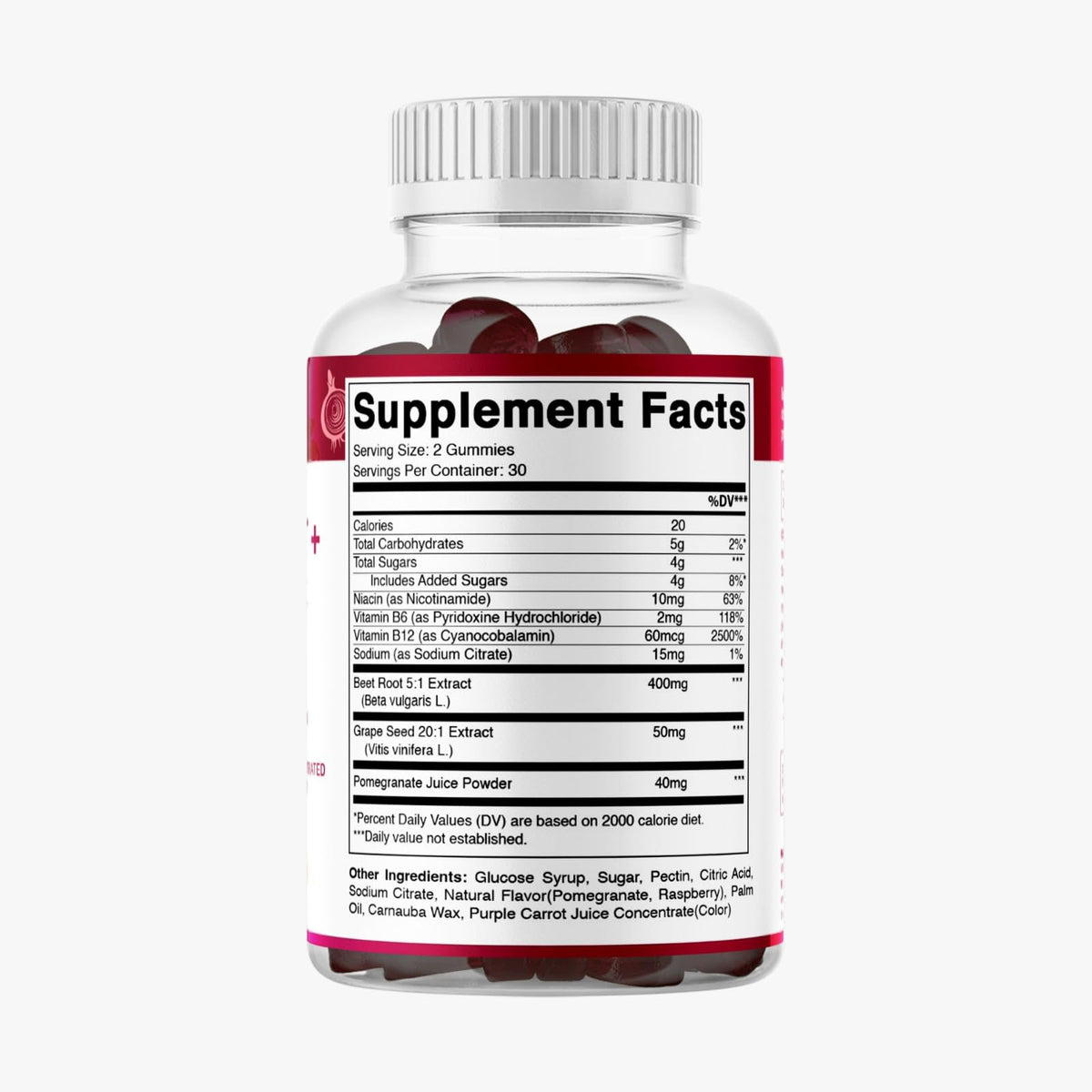 Gummies de betterave dans un bol, entourées de fruits