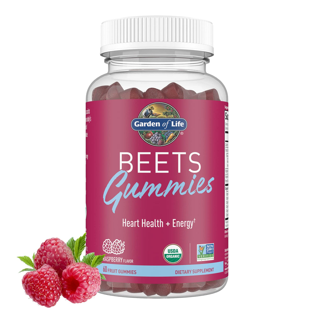 Gummies de Betterave Garden of Life, emballage avant avec framboises