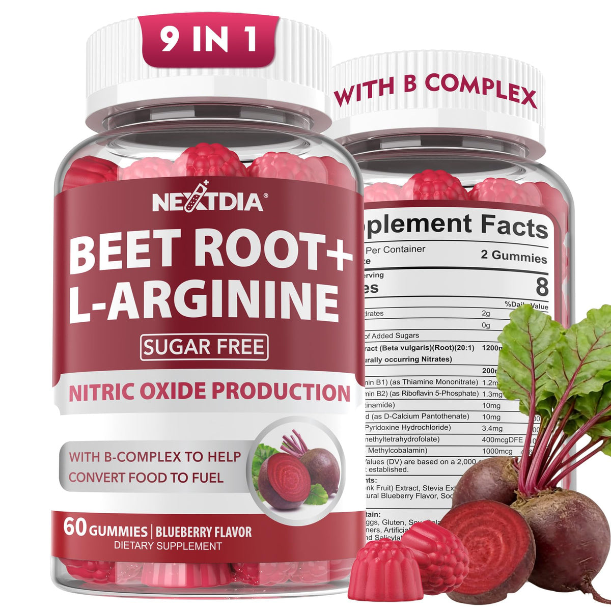 Gummies de betterave Nextdia 1200mg avec L-Arginine, vue de face