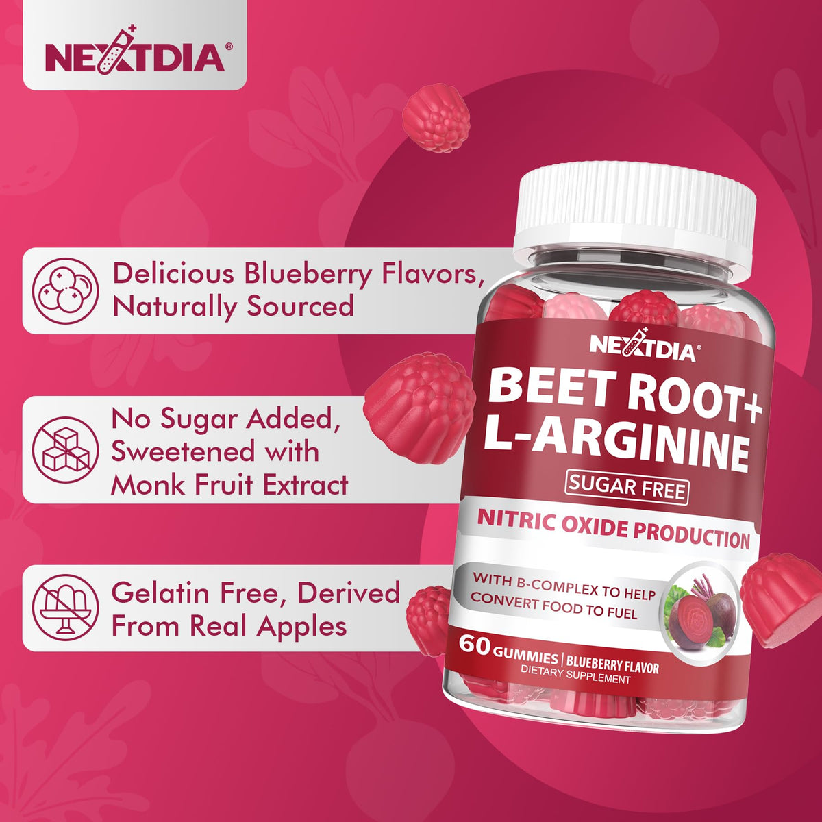 Gummies de betterave Nextdia, vue de dos du pot