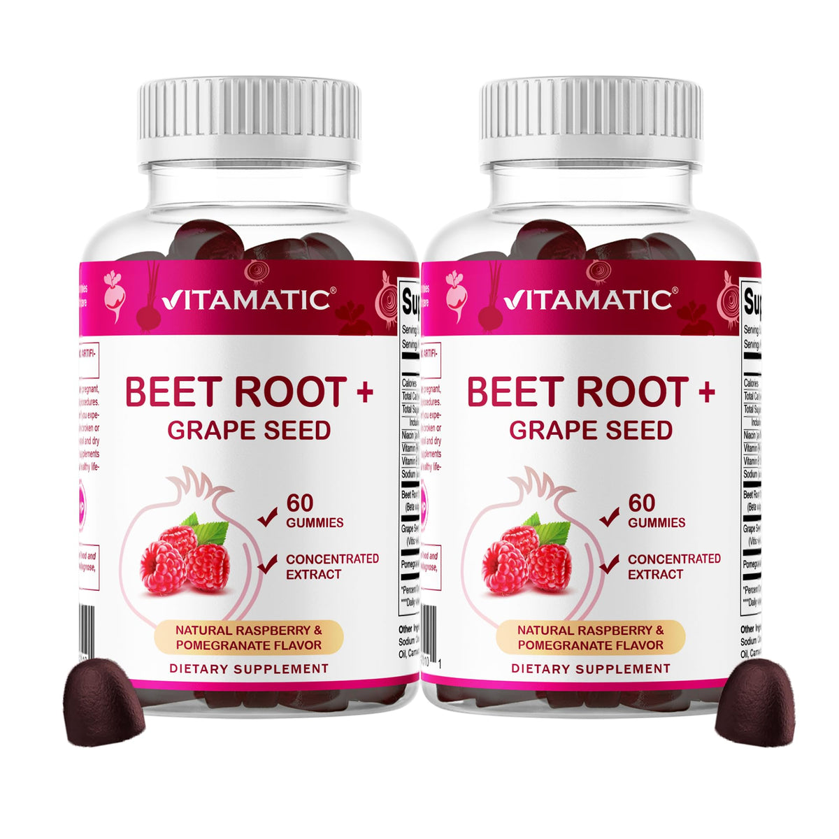 Gummies de betterave Vitamatic avec packaging et fruits