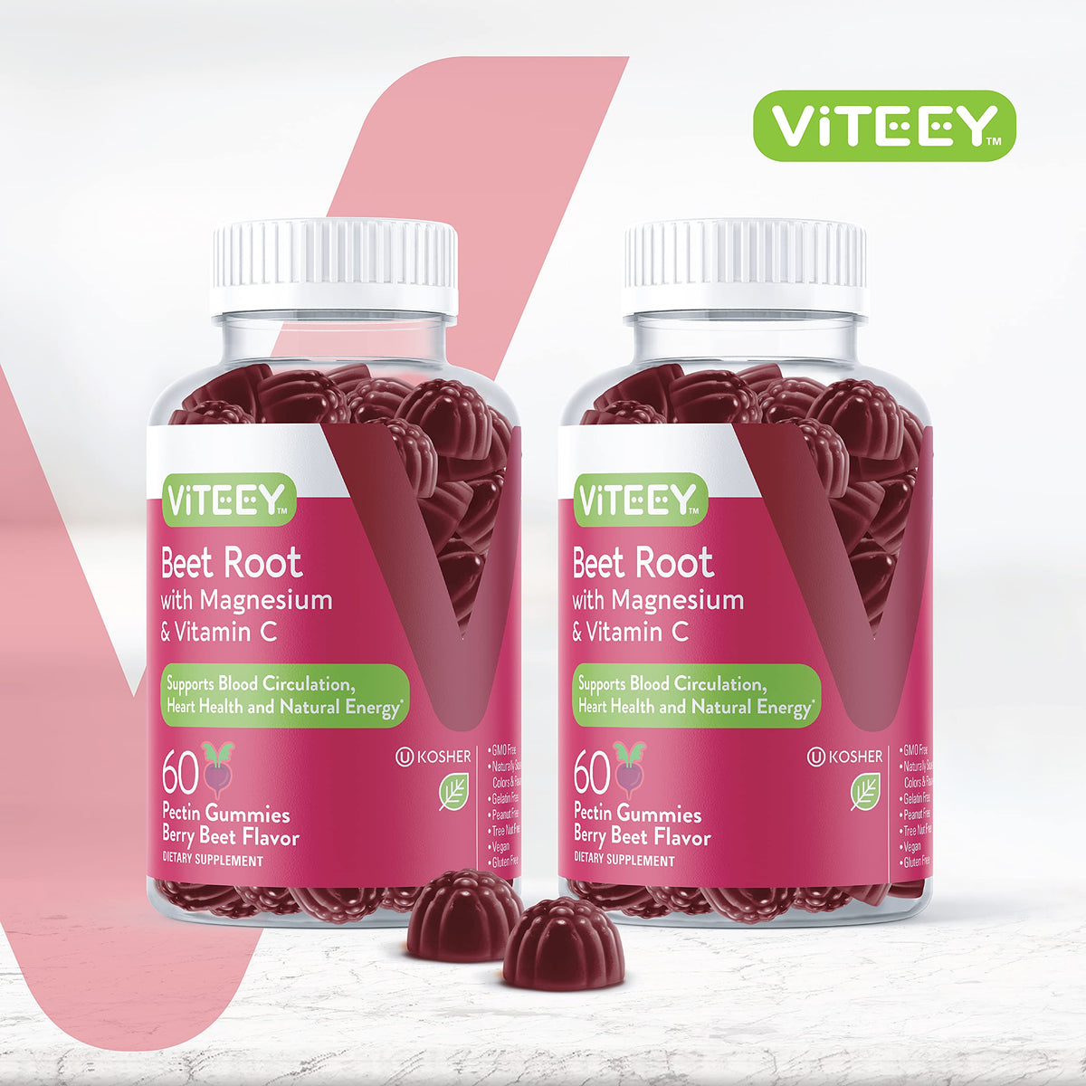Gummies de Betterave Viteey avec magnésium et vitamine C sur une table