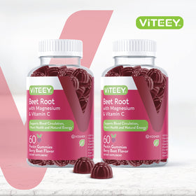 Gummies de Betterave Viteey avec magnésium et vitamine C sur une table
