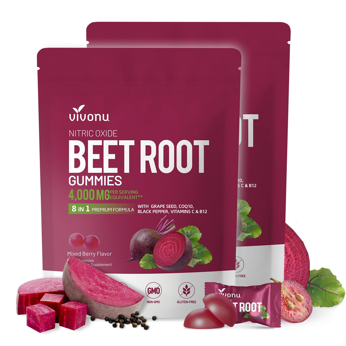 Gummies de Betterave VivoNu 8-en-1 en sachet avec 60 gummies