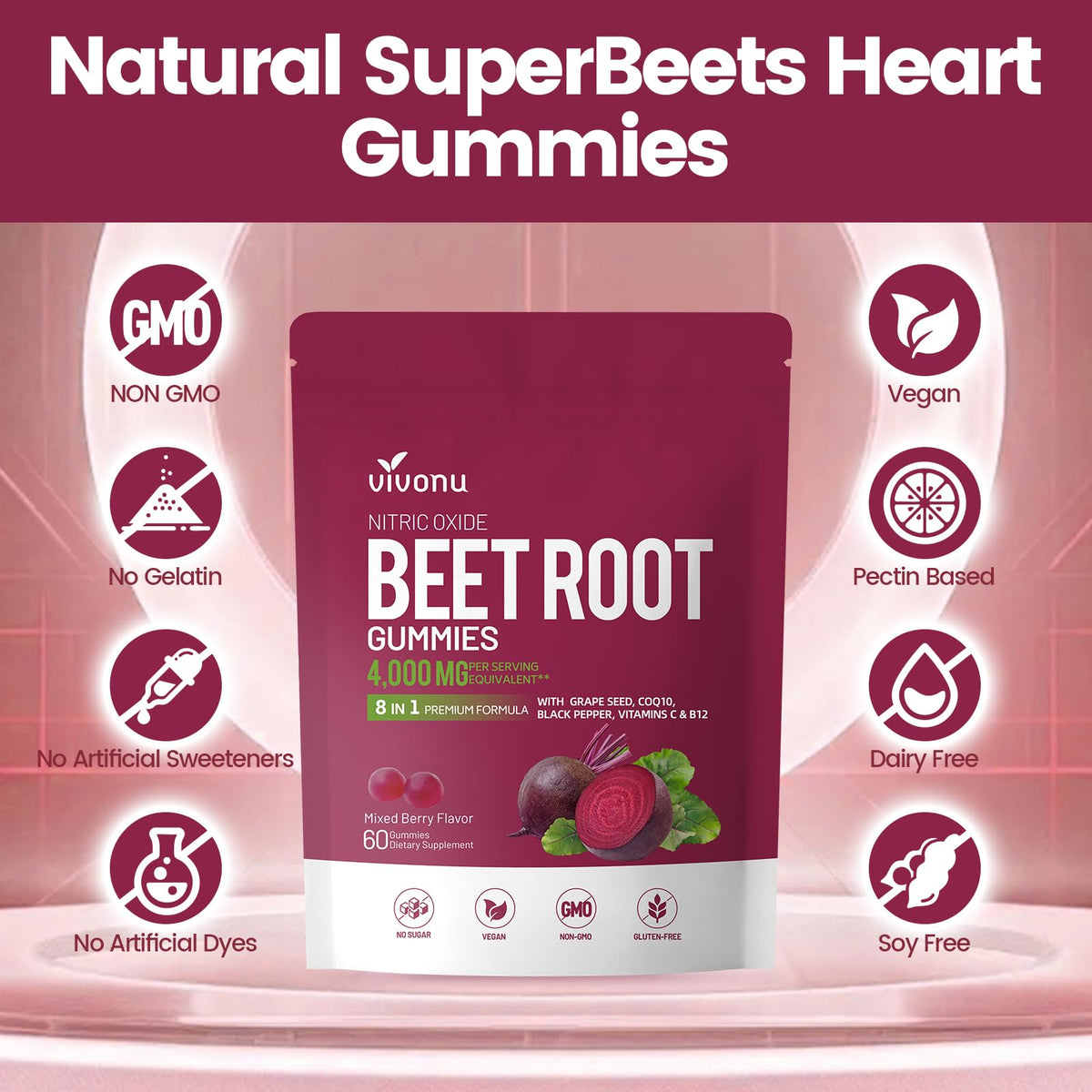 Gummies de Betterave VivoNu, deux gummies sur une surface blanche