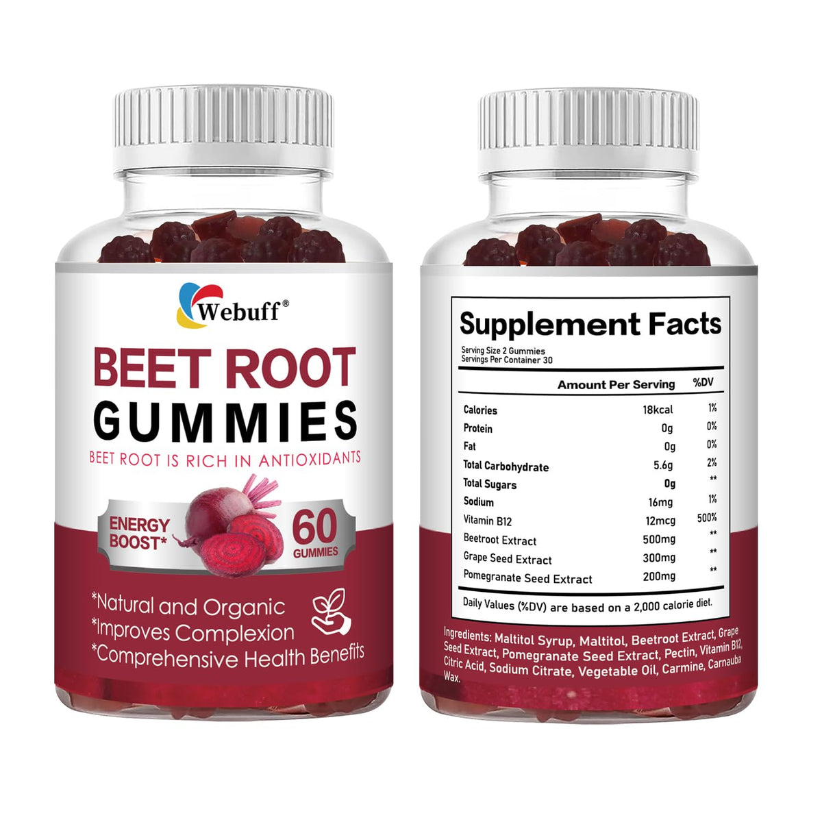 Gummies de betterave Webuff 60 gummies au goût fraise, vue de face