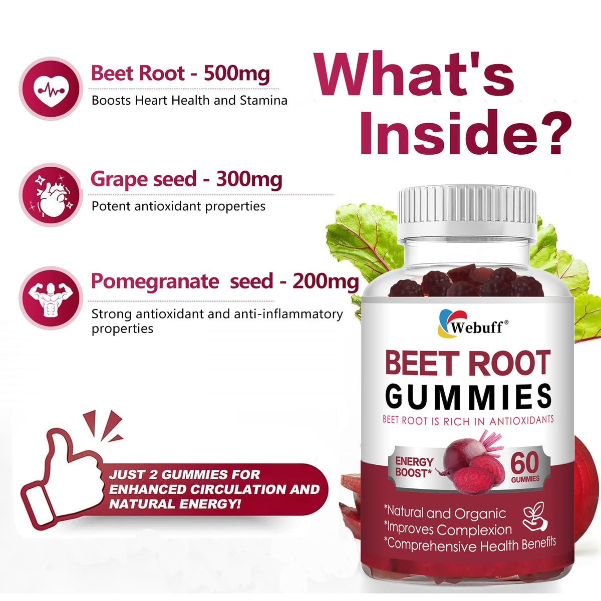 Gummies de betterave Webuff montrant la texture et la couleur