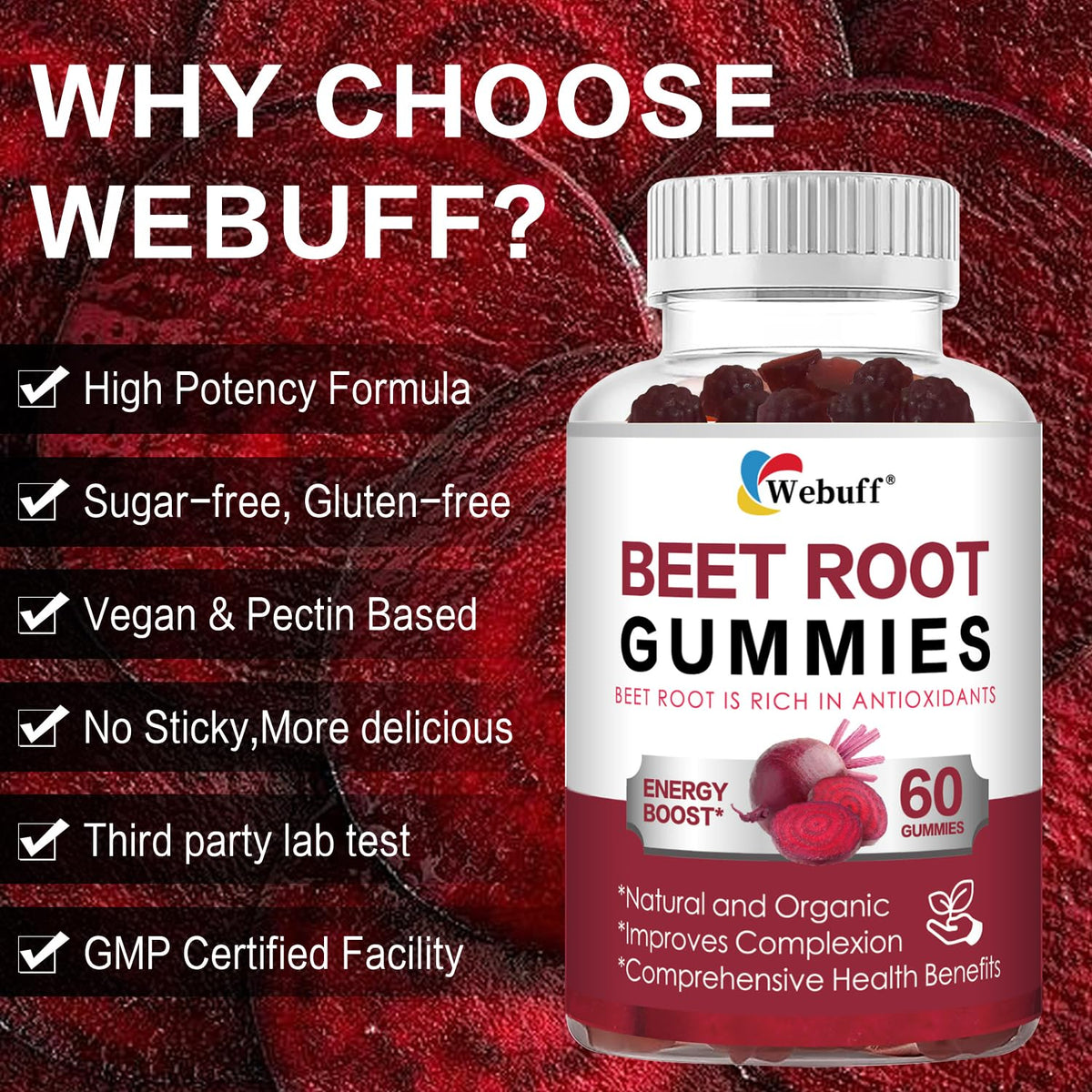 Gummies de betterave Webuff sur un fond coloré