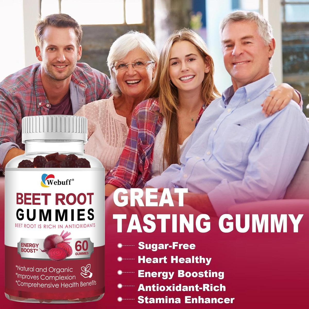 Gummies de betterave Webuff sur une table en bois