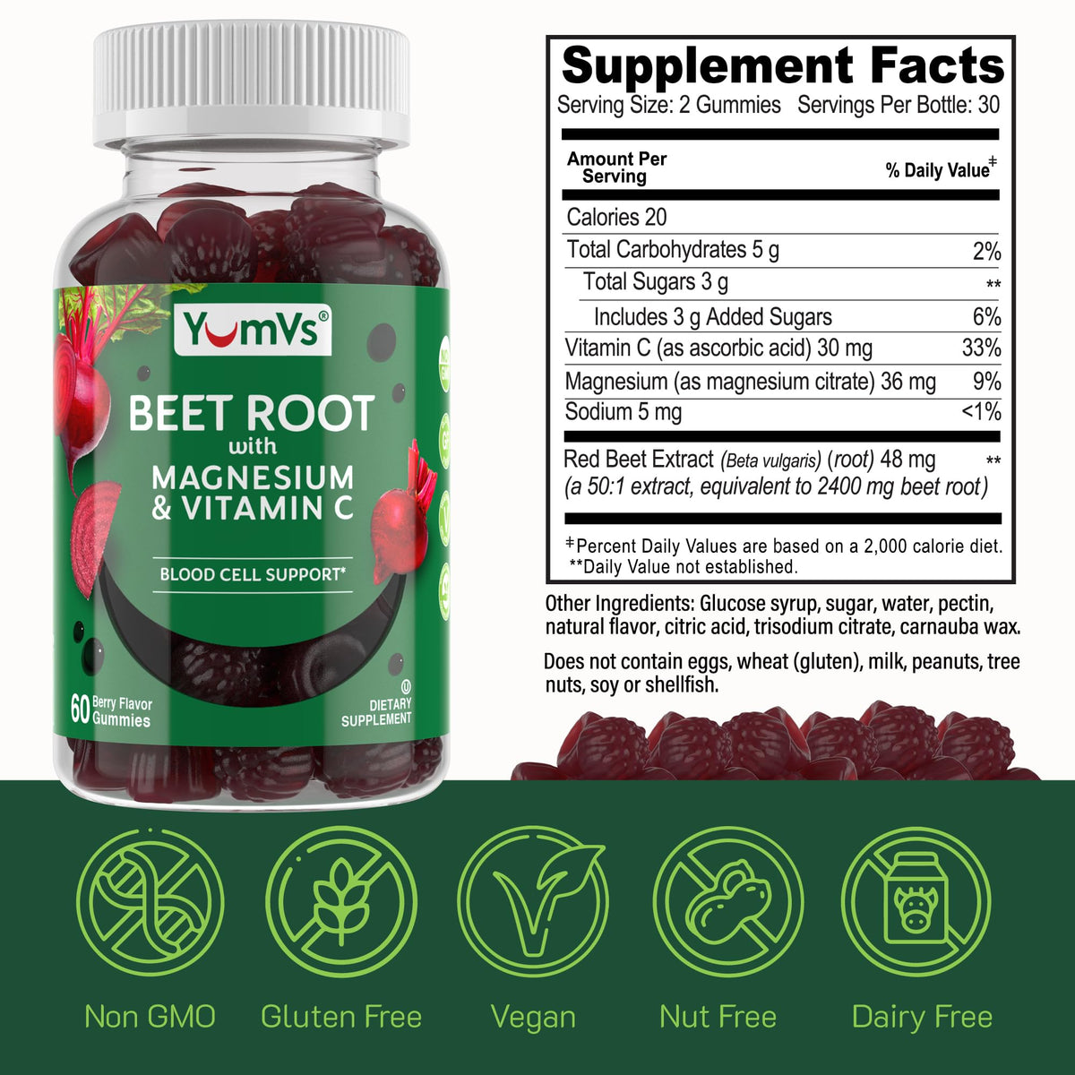 Gummies de betterave YUM-V'S à côté d'un verre d'eau