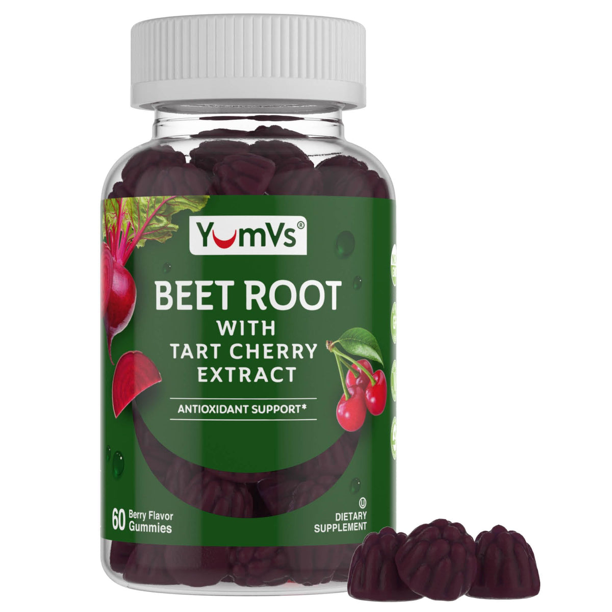 Gummies de betterave YUM-V'S, présentation sur fond coloré