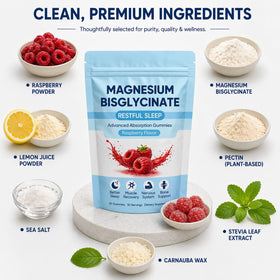 Gummies de bisglycinate de magnésium ZRRTXV, présentation des gummies sur une surface blanche