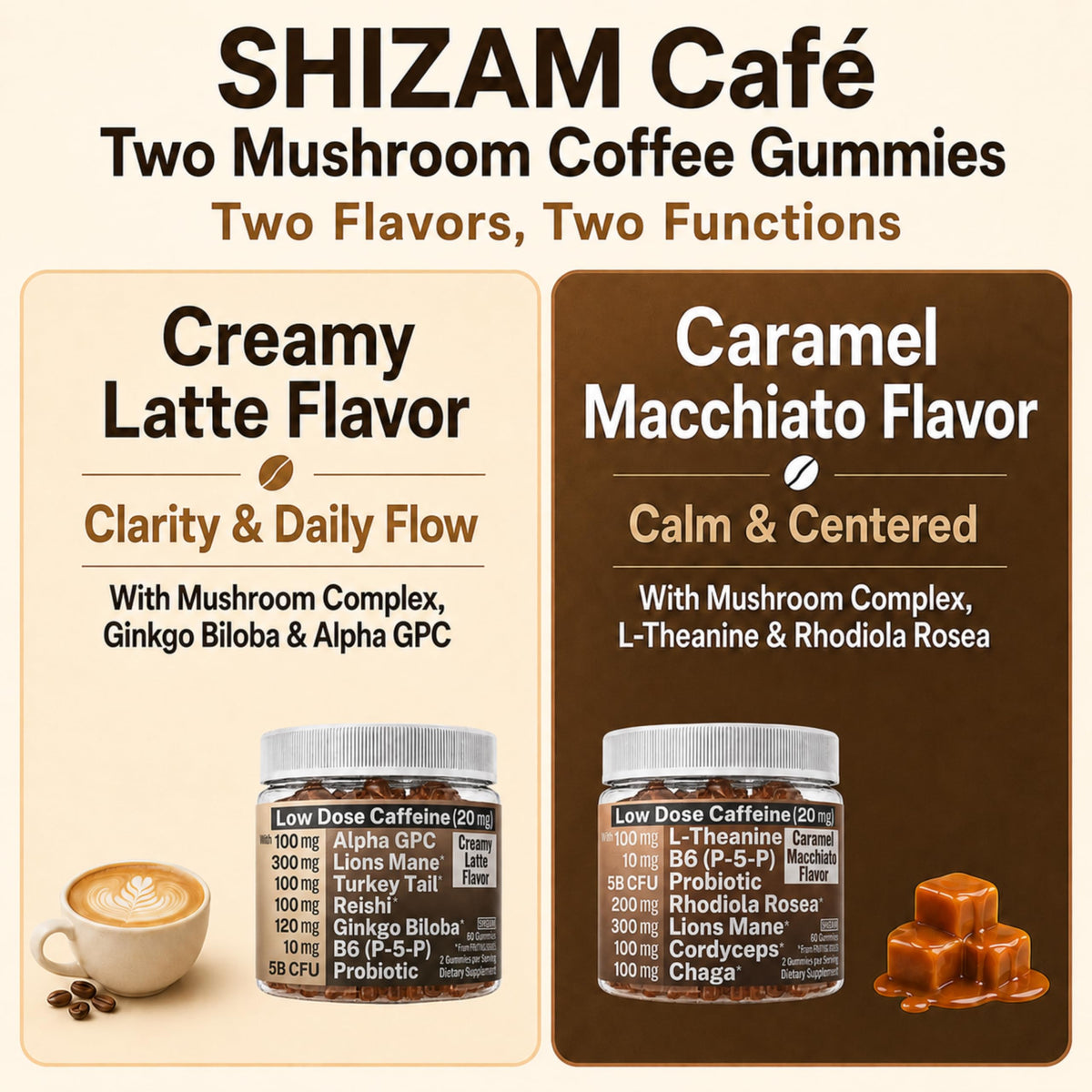 Gummies de café aux champignons SHIZAM sur une table