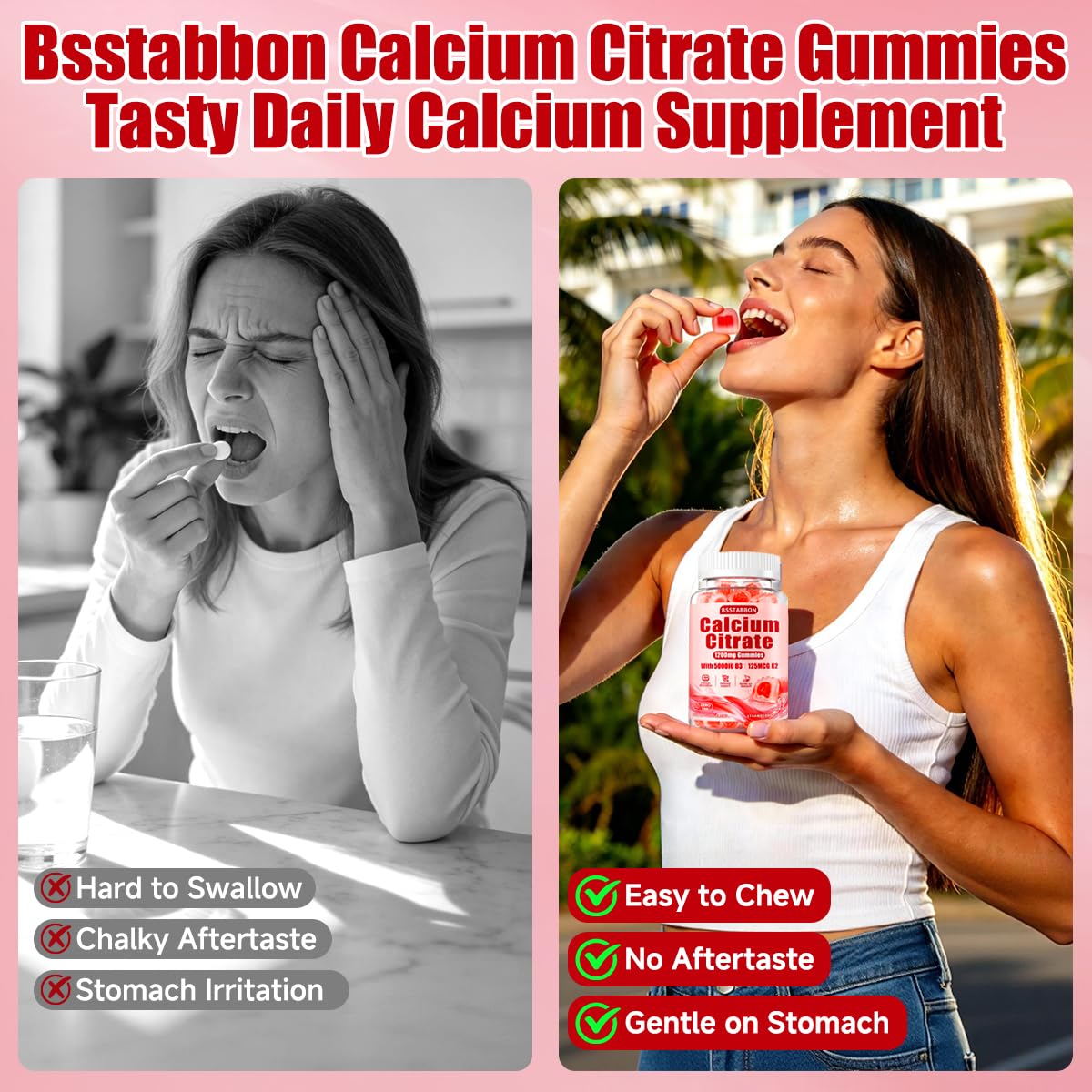 Gummies de calcium BSSTABBON 1200 mg en gros plan sur une cuillère