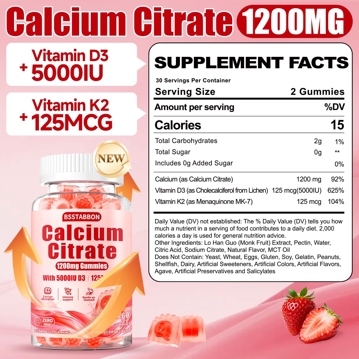 Gummies de calcium BSSTABBON 1200 mg vue arrière avec ingrédients