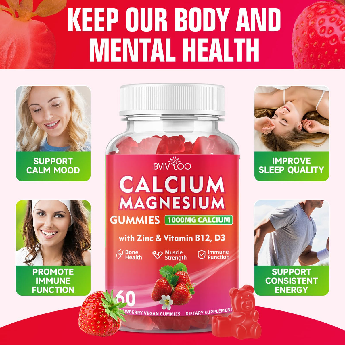 Gummies de Calcium BVIVLOO, présentation avec fruits