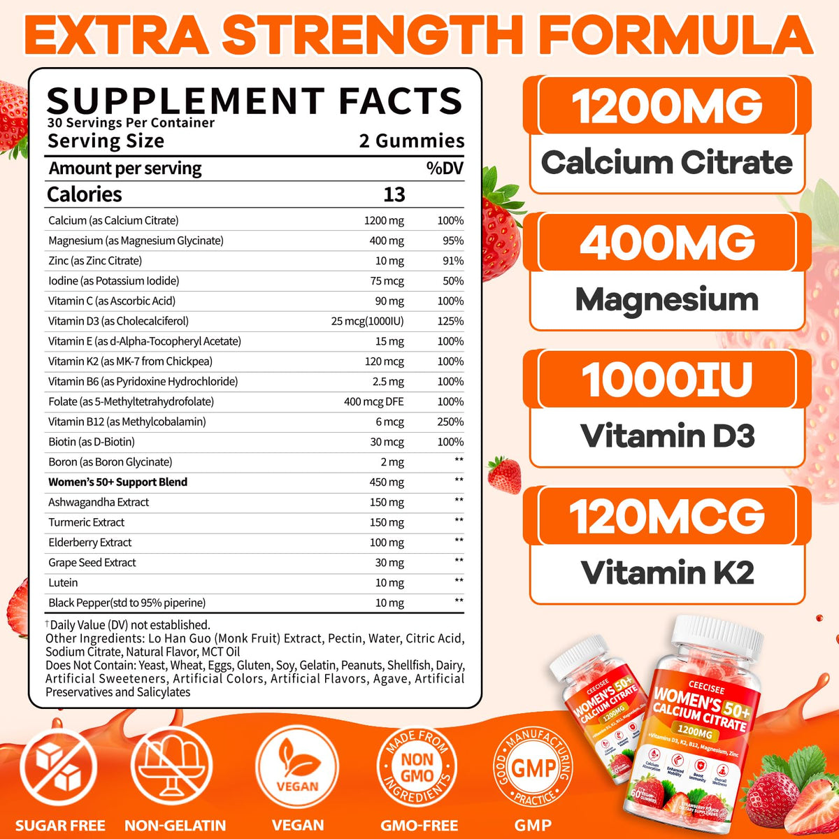 Gummies de calcium Ceecisee avec saveur de fraise, vue de face