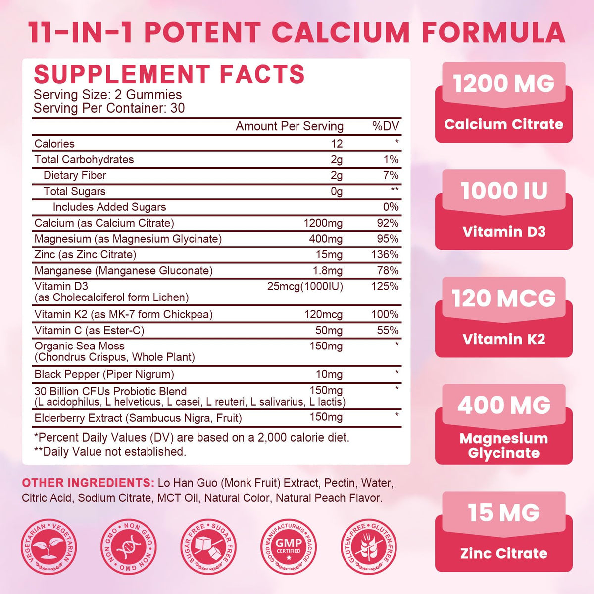 Gummies de Calcium Citrate 1200mg avec Vitamine D3 et K2 en gros plan