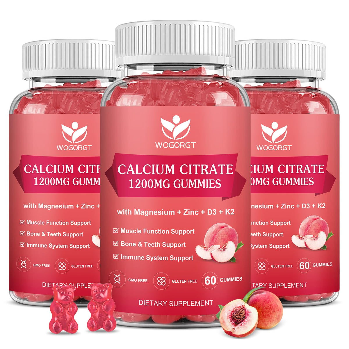 Gummies de Calcium Citrate 1200mg WOGORGT en bouteille, 60 pièces