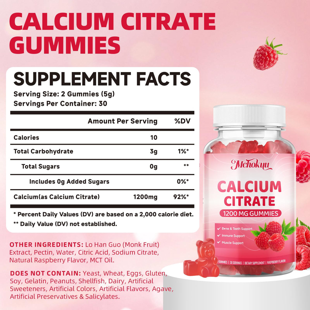 Gummies de calcium citrate Mchokuu sur une surface blanche, plusieurs gummies visibles
