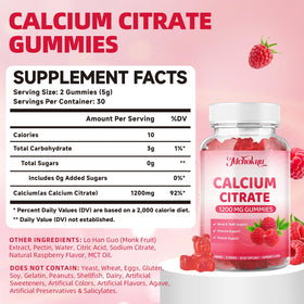 Gummies de calcium citrate Mchokuu sur une surface blanche, plusieurs gummies visibles