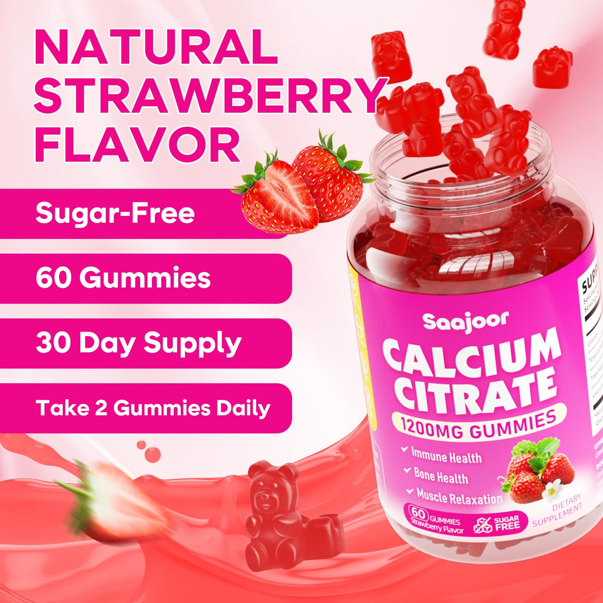 Gummies de calcium citrate Saajoor 1200 mg, ingrédients au dos