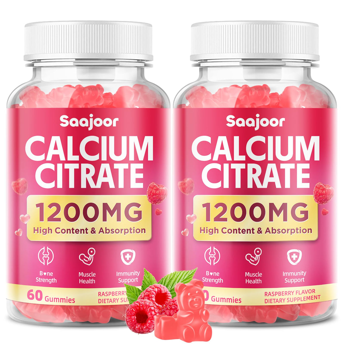 Gummies de calcium citrate Saajoor 1200mg saveur framboise, vue de face