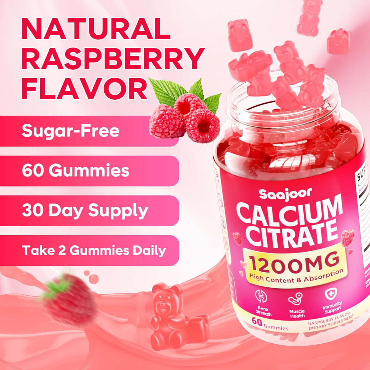 Gummies de calcium citrate Saajoor, mise en scène avec des fruits