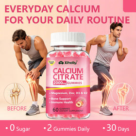 Gummies de Calcium Citrate XIHOLIY 2000 mg avec une main tenant un gummy