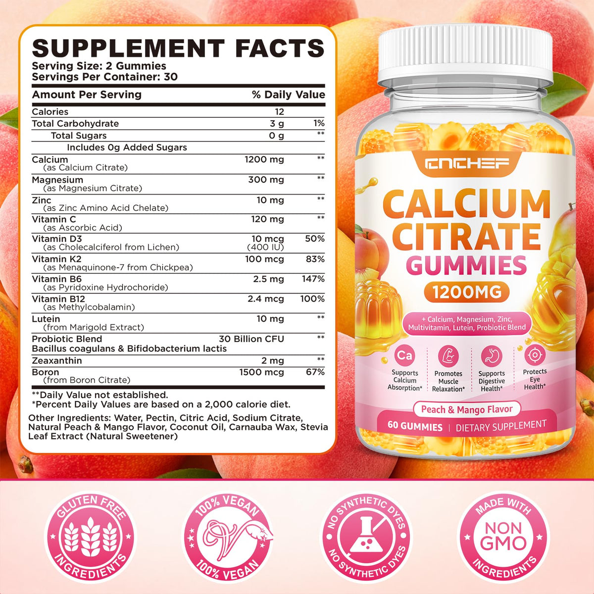 Gummies de Calcium CNCHEF 1200mg, échantillon de goût pêche et mangue