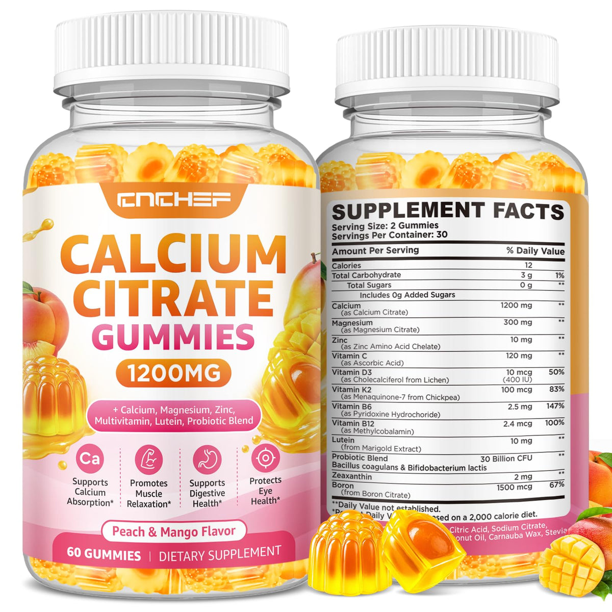 Gummies de Calcium CNCHEF 1200mg, vue de face avec emballage