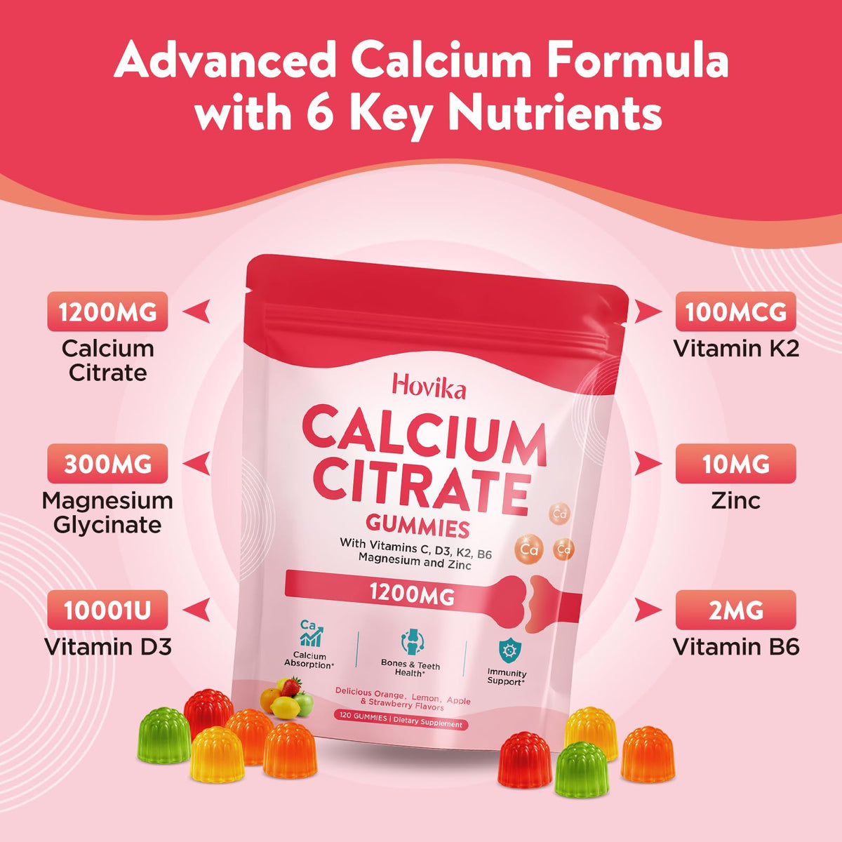 Gummies de Calcium Hovika 1200mg montrant la texture et la couleur
