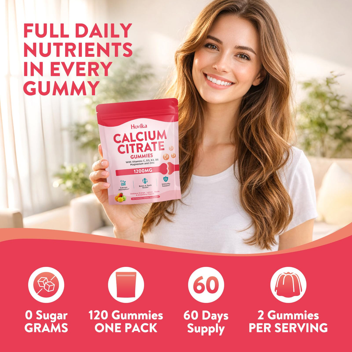 Gummies de Calcium Hovika 1200mg montrant le dosage recommandé