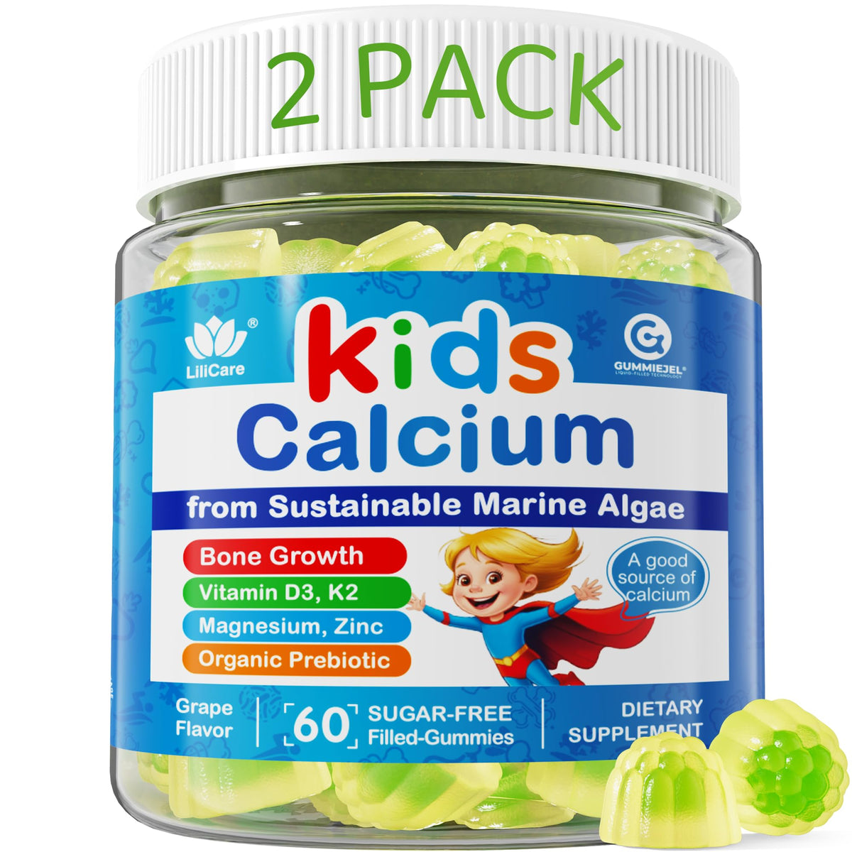 Gummies de Calcium LILICARE pour enfants, 120 Cts, saveur raisin