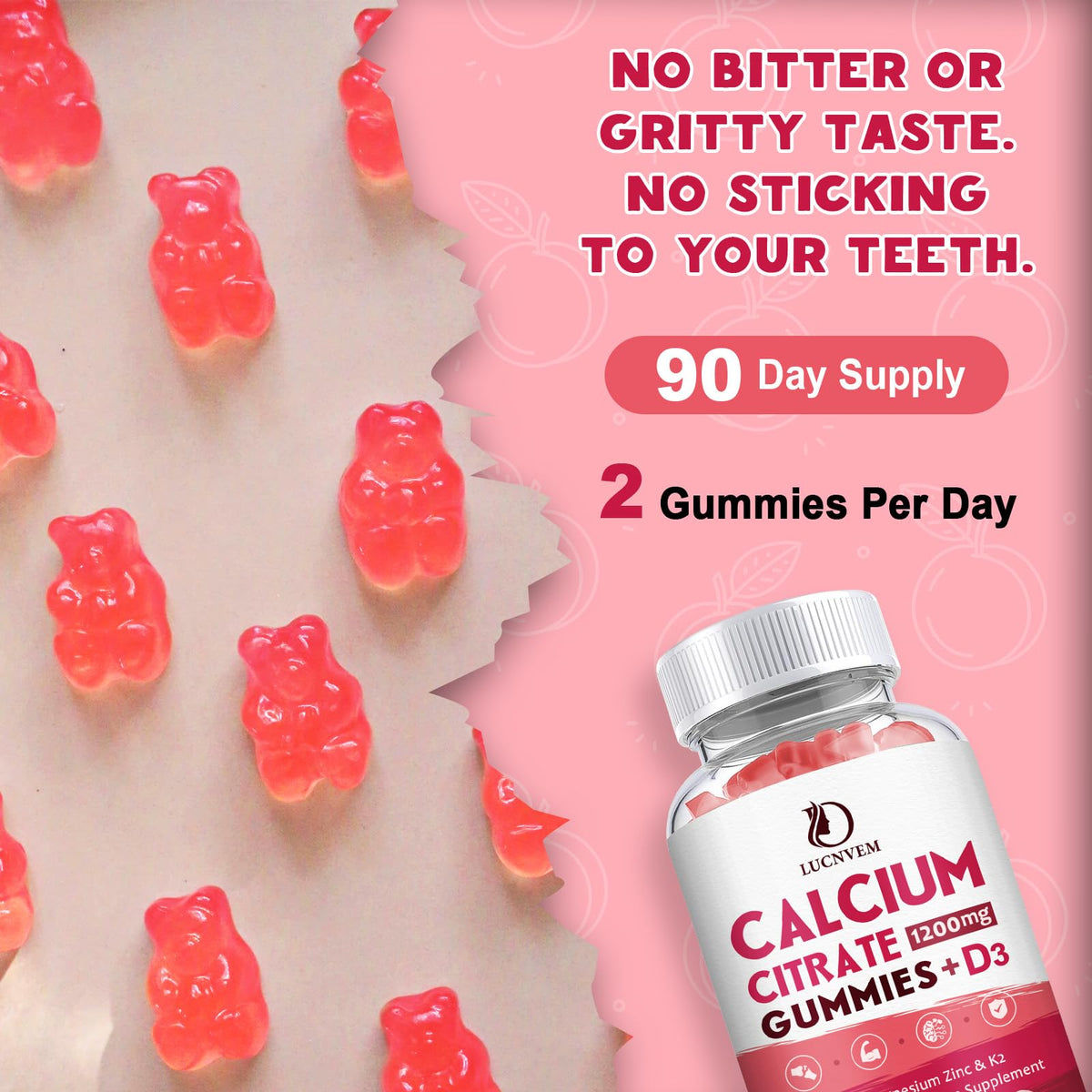 Gummies de calcium LUCNVEM avec goût de pêche sur fond blanc