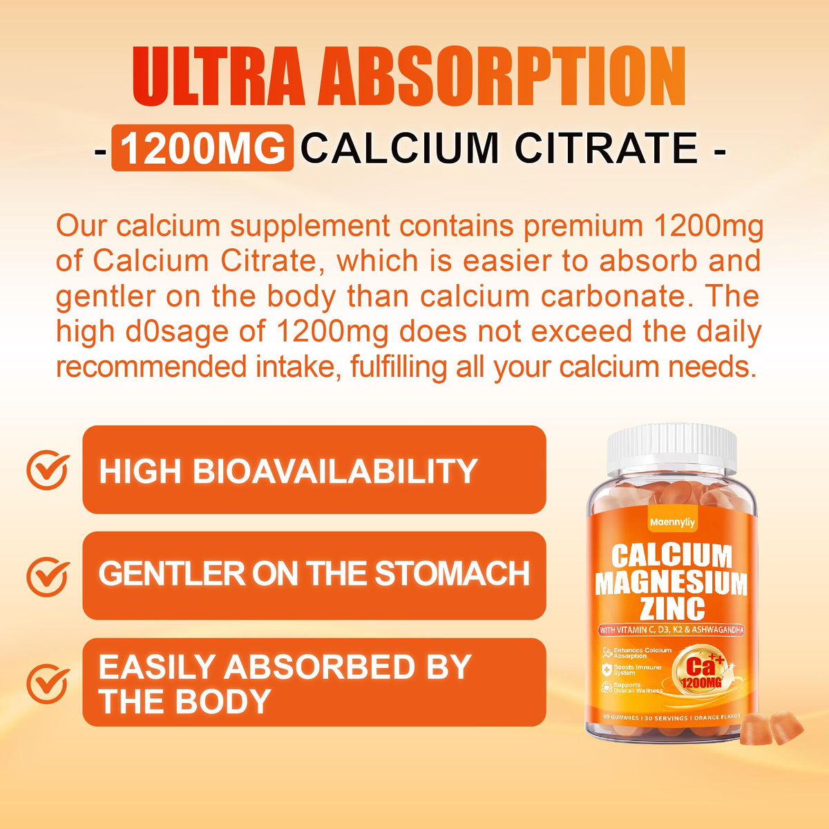 Gummies de calcium Maennyliy avec goût orange, présentation
