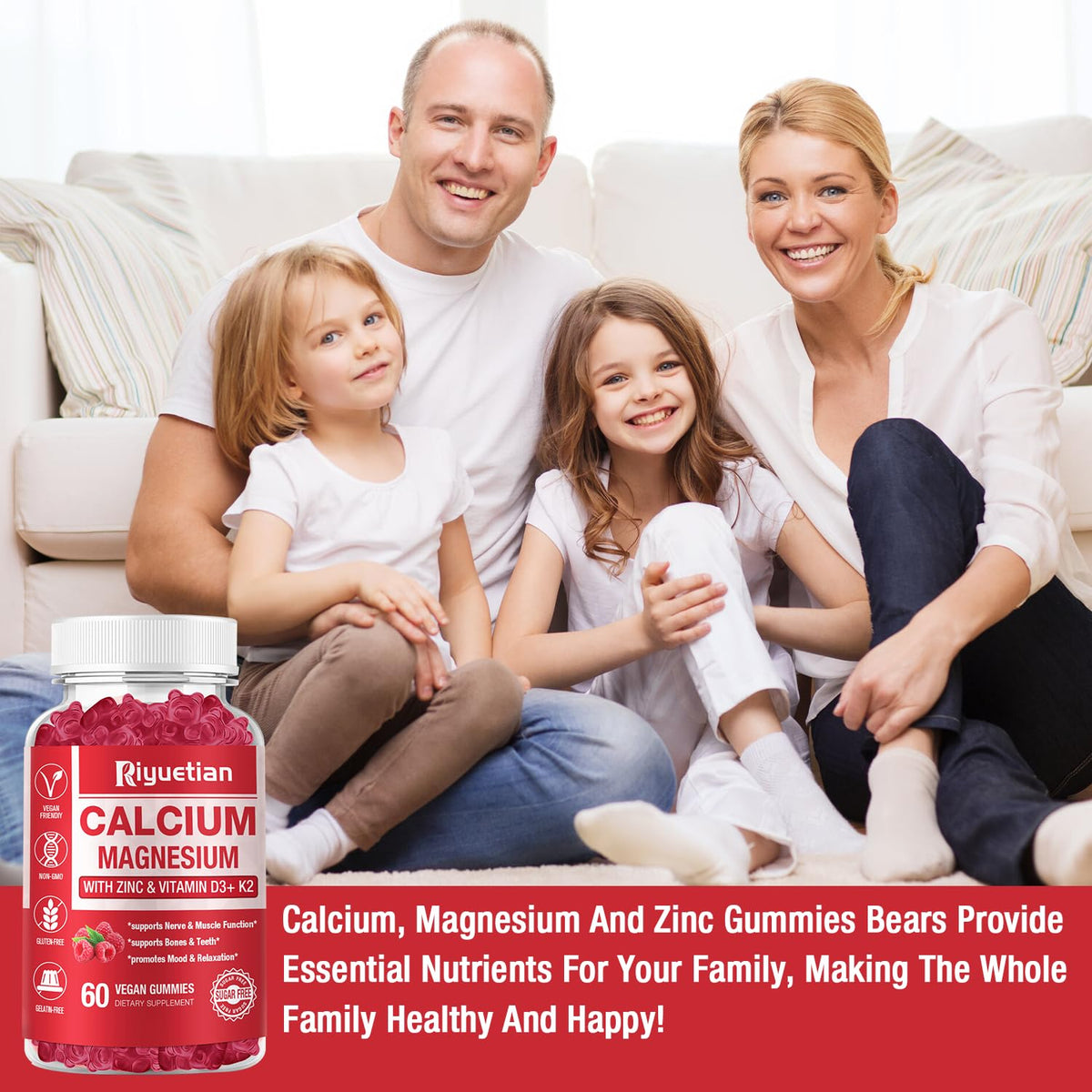 Gummies de Calcium, Magnésium et Zinc Riyuetian dans un bol