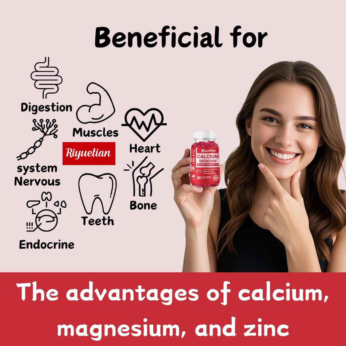 Gummies de Calcium, Magnésium et Zinc Riyuetian sur une table