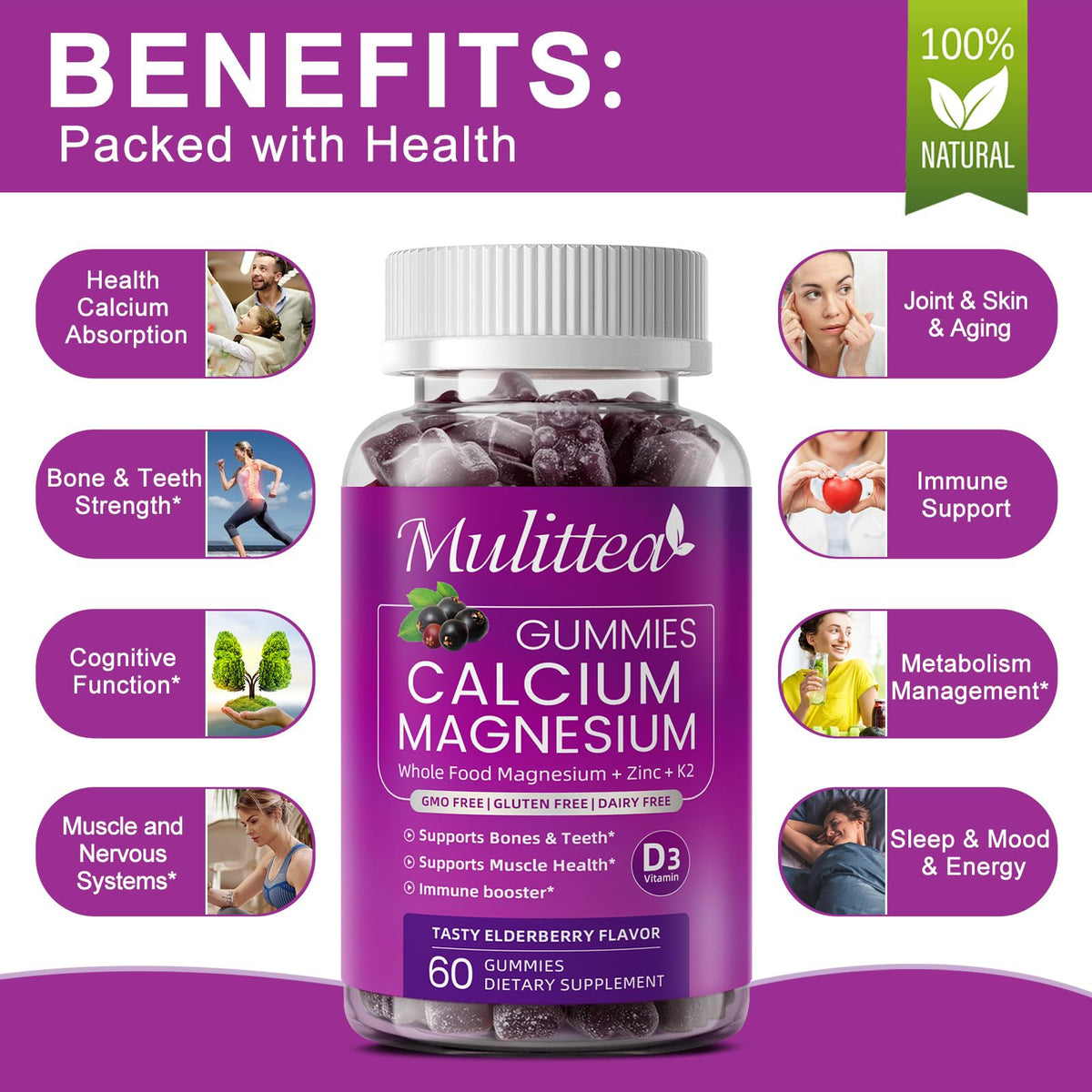 Gummies de calcium Mulittea montrant la texture et la couleur
