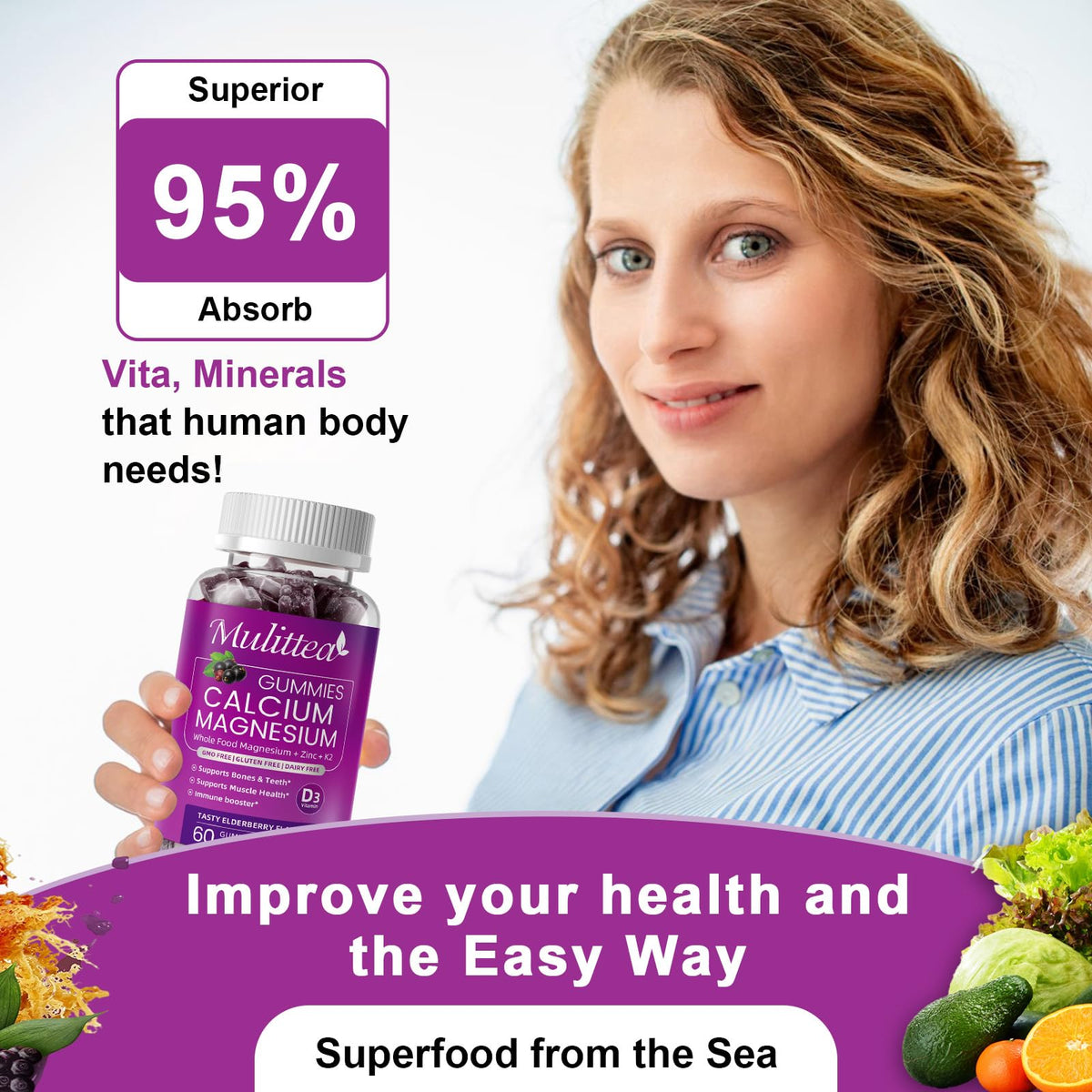 Gummies de calcium Mulittea sur une table avec des baies
