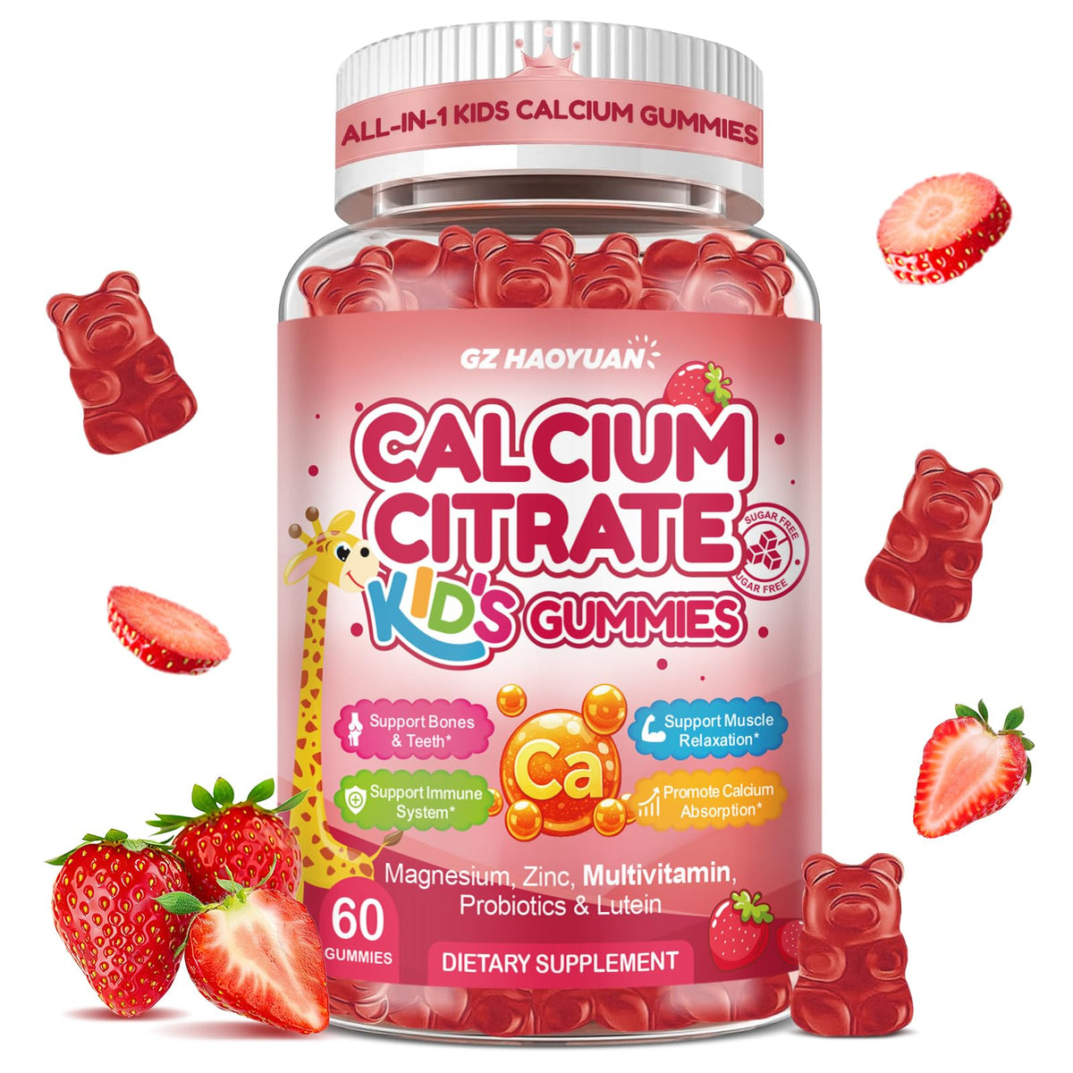 Gummies de calcium pour enfants GZ HAOYUAN en forme d'ours, goût fraise