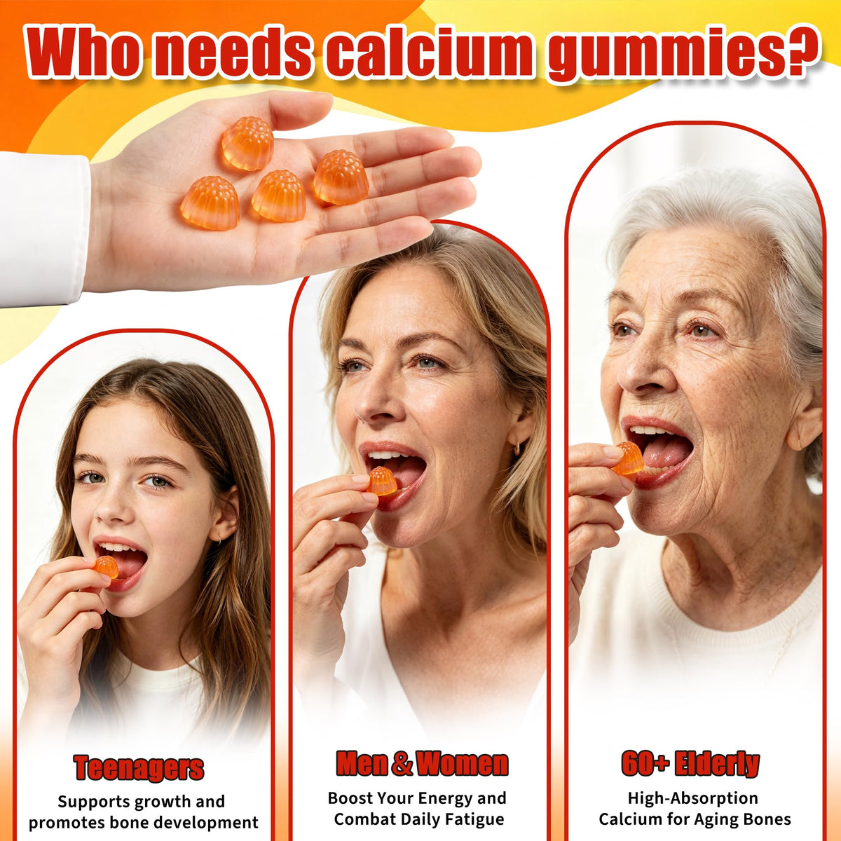 Gummies de calcium tsunshnes avec une main tenant un gummy