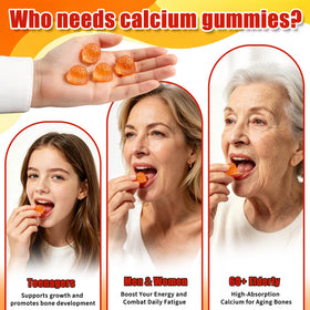 Gummies de calcium tsunshnes avec une main tenant un gummy