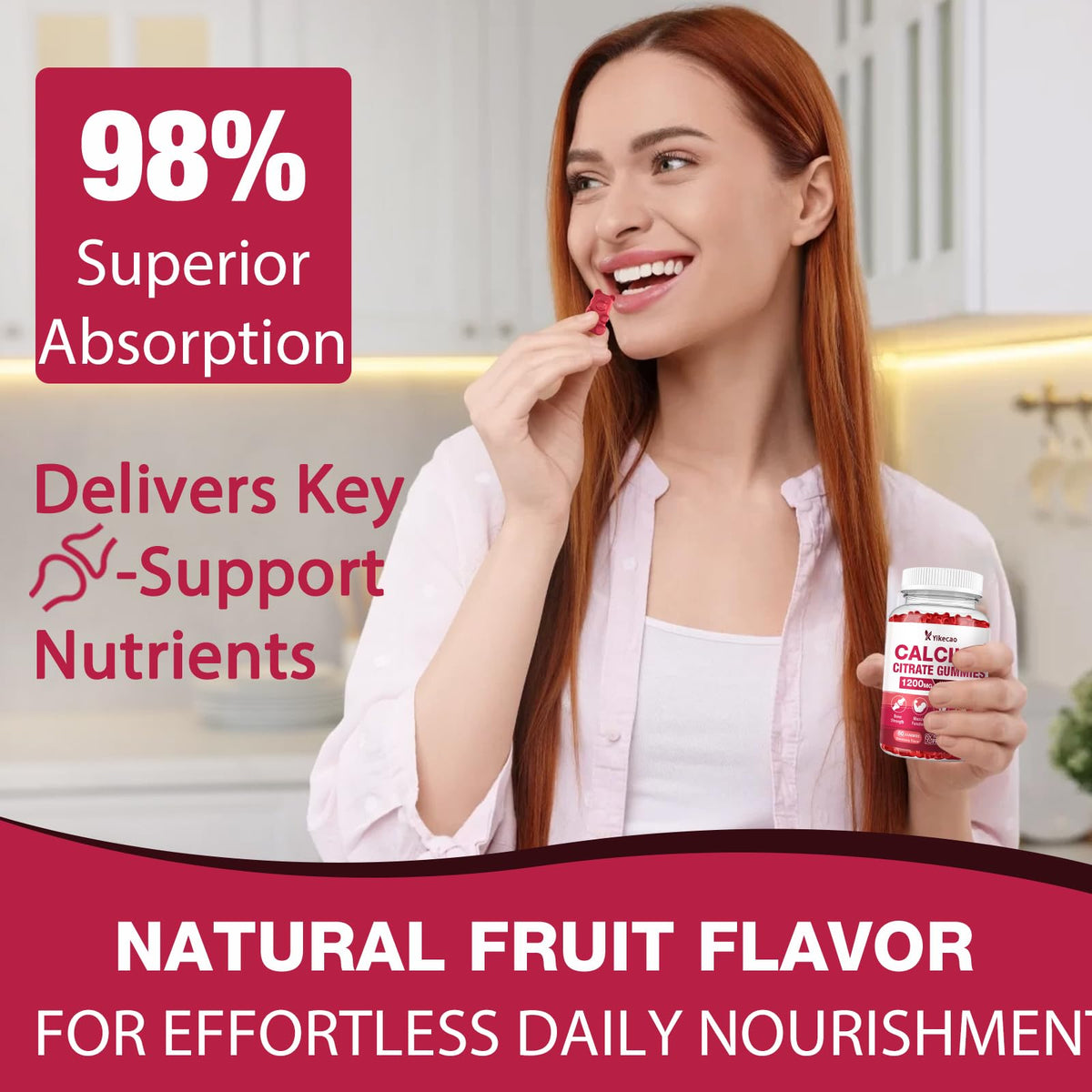 Gummies de calcium Yikecao avec une main tenant un gummy