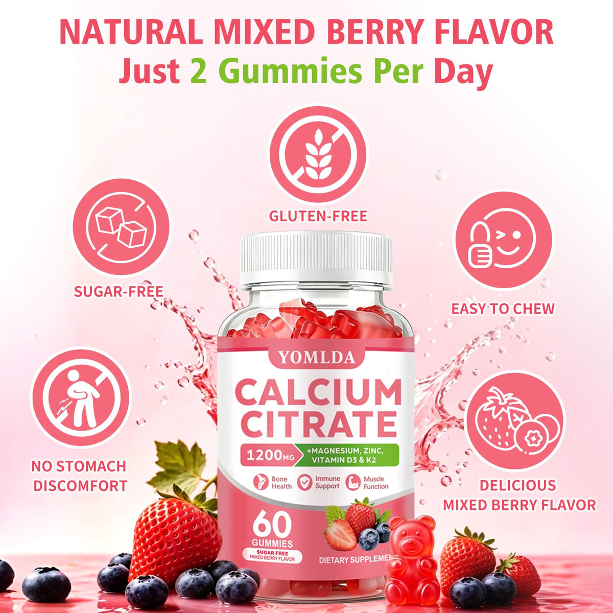 Gummies de Calcium YOMLDA dans un bol avec baies mélangées