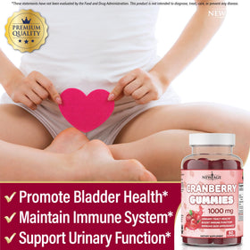 Gummies de Canneberge NEW AGE 1000mg sur une table en bois